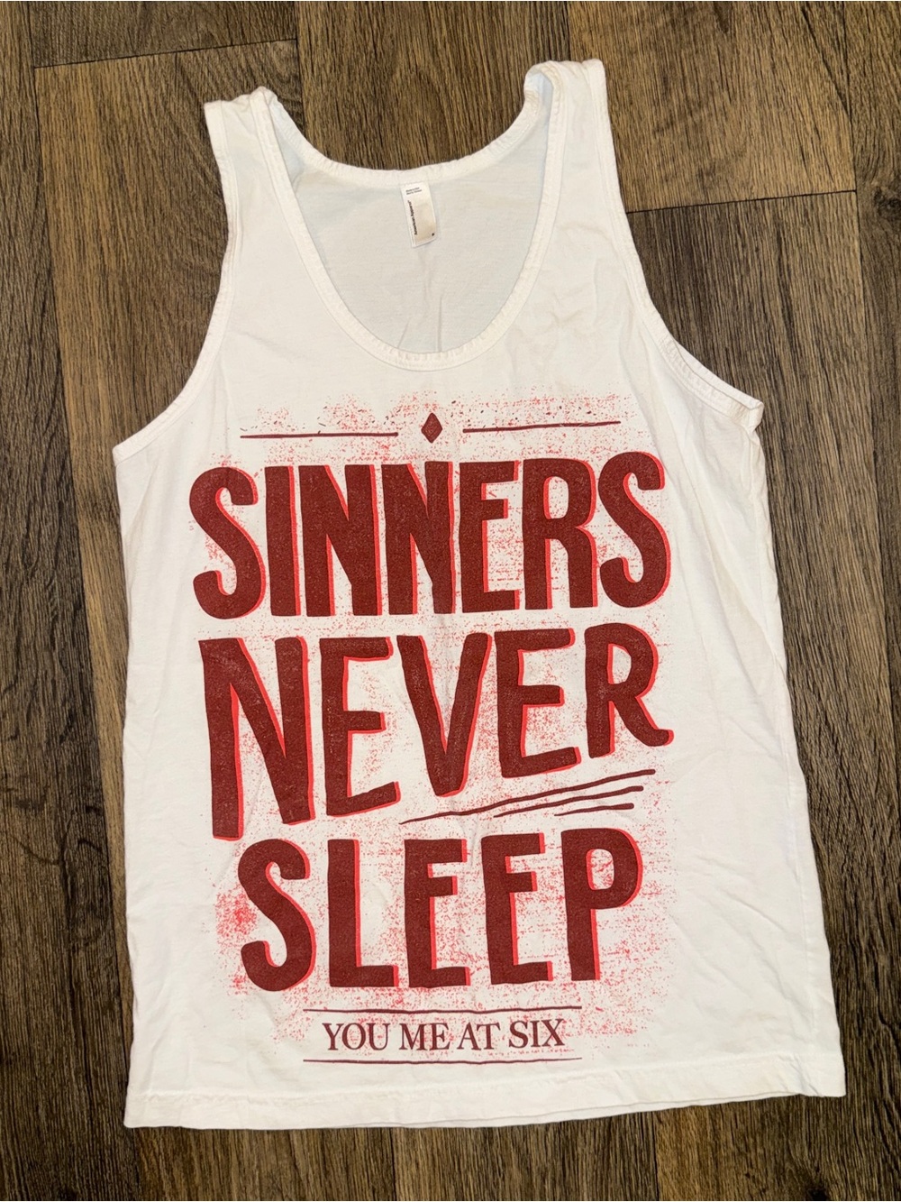 American Apparel White Tank Top with Red Graphic "Sinners Never Sleep"